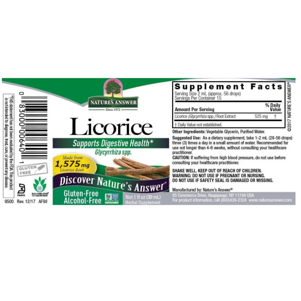 NATURE'S ANSWER - LICORICE ROOT - 30ml Nature'S Answer Licorice Root, Racine de réglisse, Extrait liquide, , 2000 mg, NATURE'S ANSWER - LICORICE ROOT - 30ml Nature'S Answer Licorice Root, Racine de réglisse, Extrait liquide, , 2000 mg,