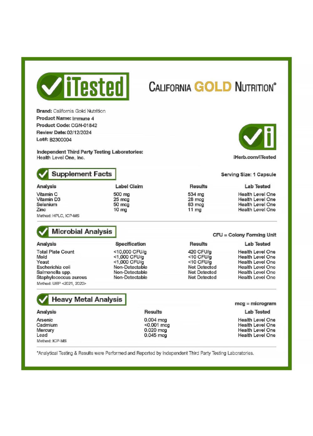 CALIFORNIA GOLD NUTRITION | IMMUNE 4 IMMUNE SUPPORT SYSTEM  60 CAPSULES