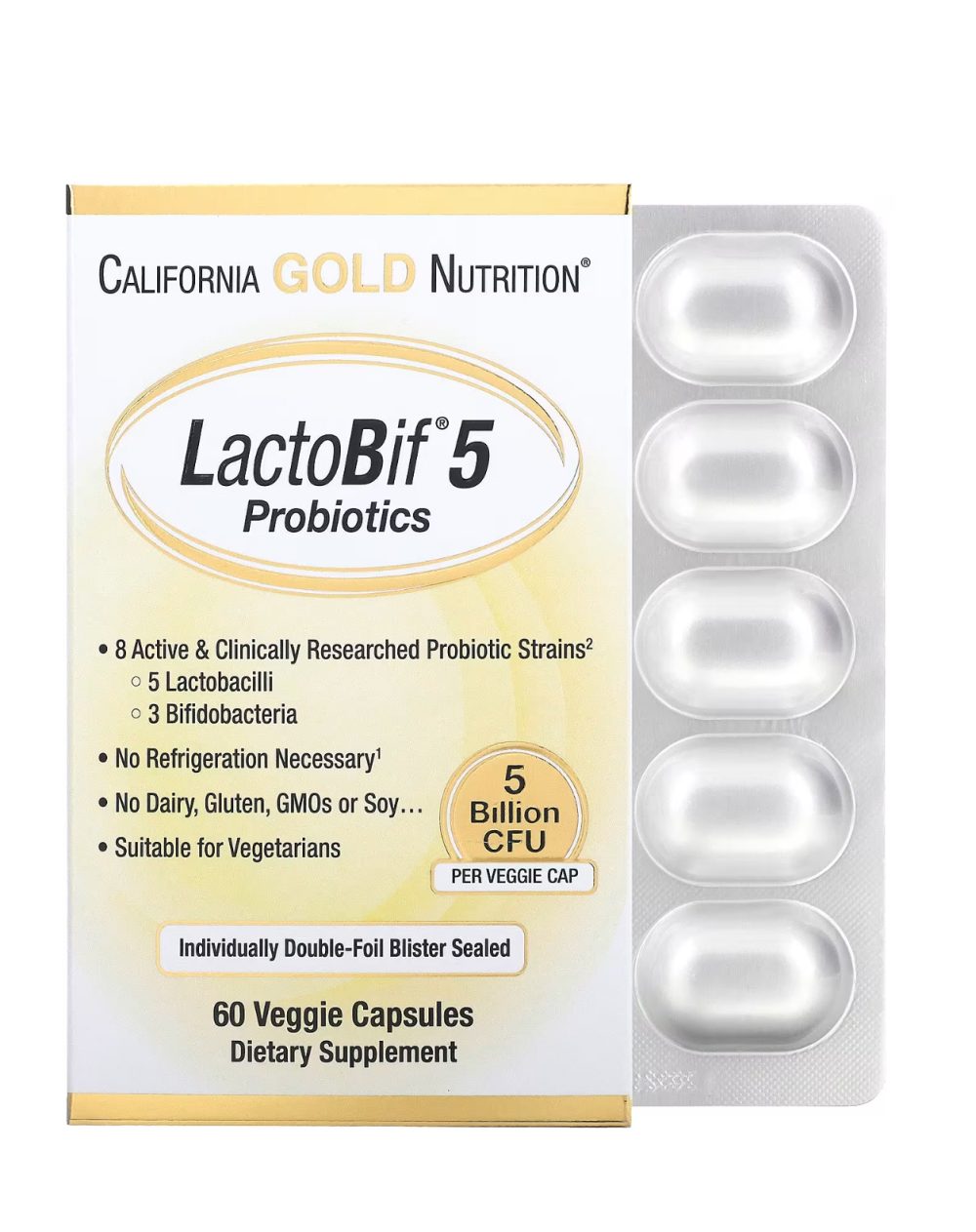 California Gold Nutrition Probiotiques LactoBif® 5 milliards d'UFC, 60 capsules végétales
