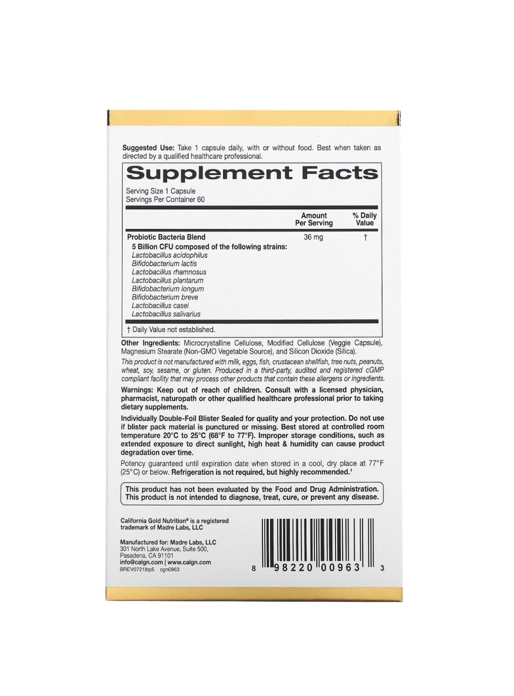 California Gold Nutrition Probiotiques LactoBif® 5 milliards d'UFC, 60 capsules végétales