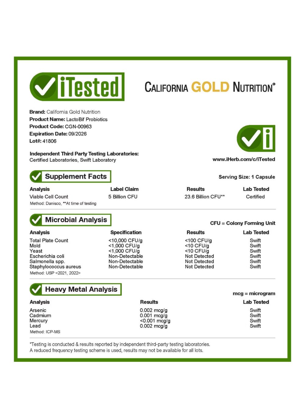 California Gold Nutrition Probiotiques LactoBif® 5 milliards d'UFC, 60 capsules végétales
