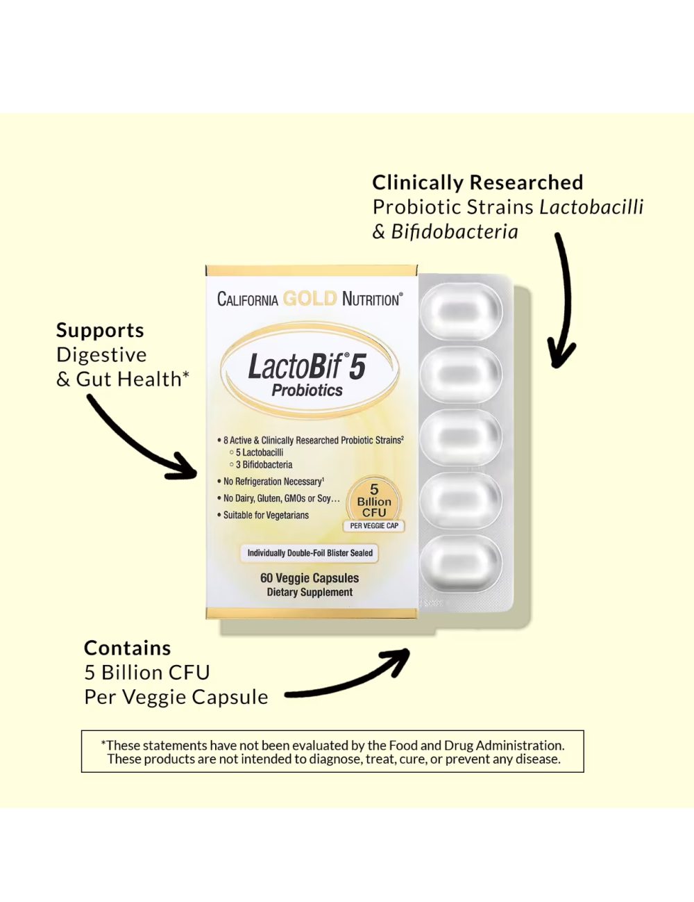 California Gold Nutrition Probiotiques LactoBif® 5 milliards d'UFC, 60 capsules végétales