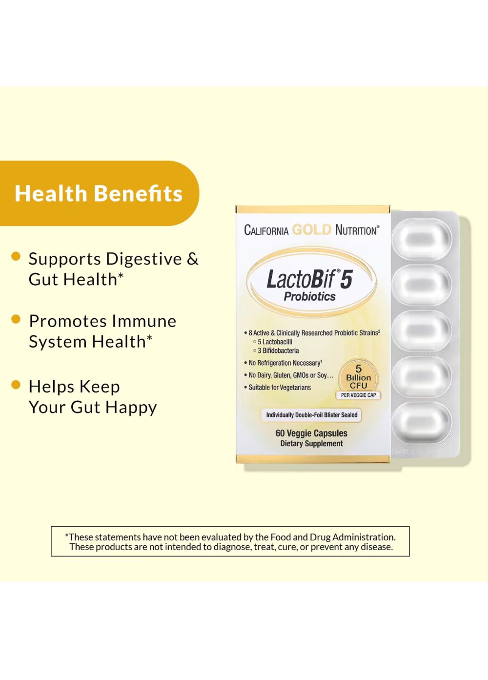 California Gold Nutrition Probiotiques LactoBif® 5 milliards d'UFC, 60 capsules végétales