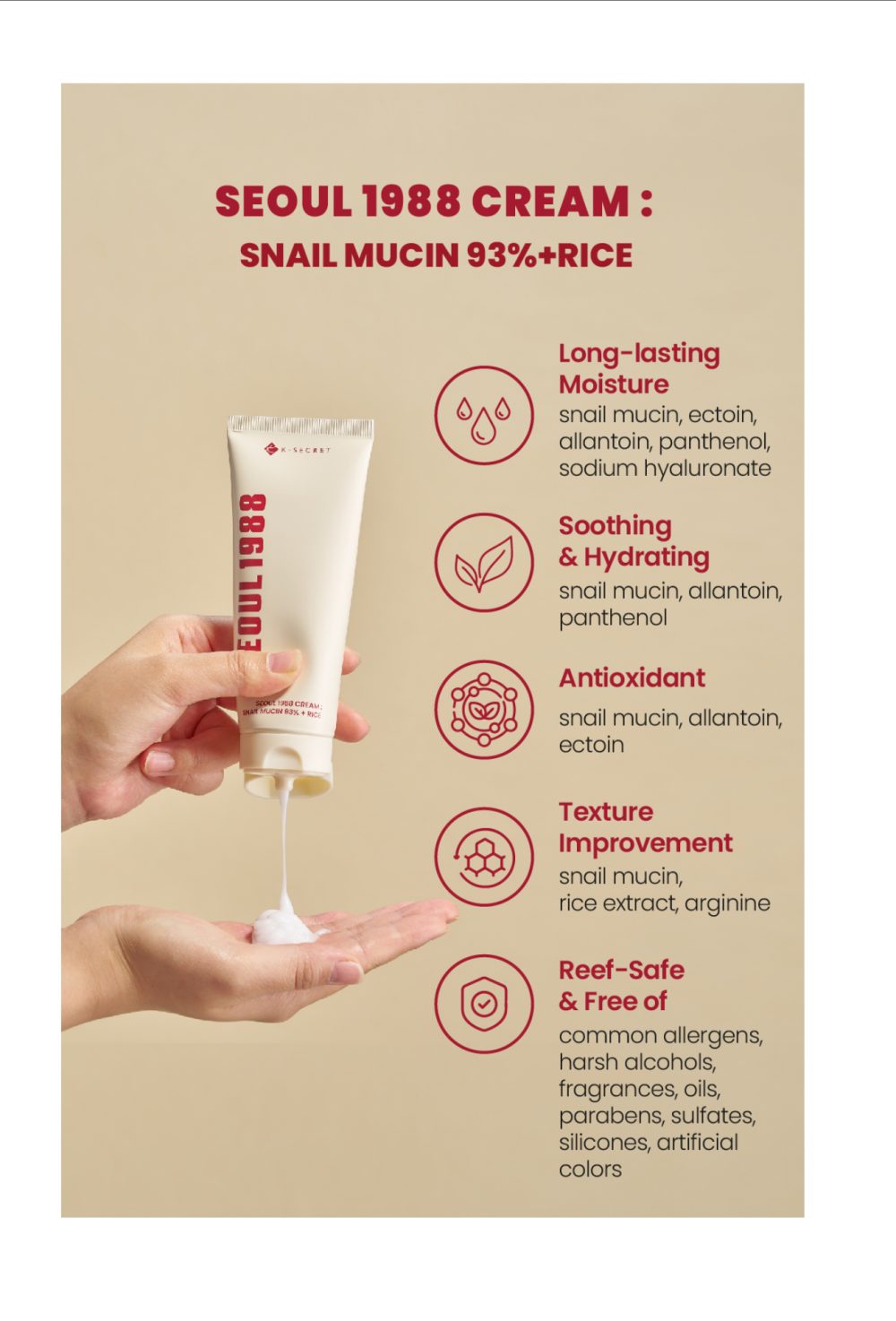 K-SECRET | SEOUL 1988 CREAM SNAIL MUCIN 93% + RICE 100ml K-SECRET | SEOUL 1988 CREAM SNAIL MUCIN 93% + RICE 100ml