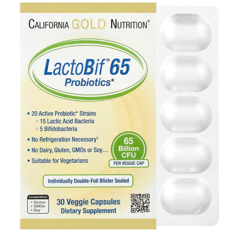 California Gold Nutrition, Probiotiques LactoBif 65 milliards d'UFC, 30 capsules végétales