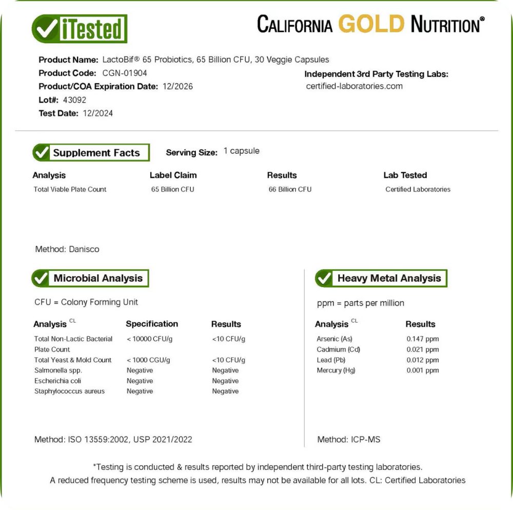 California Gold Nutrition, Probiotiques LactoBif 65 milliards d'UFC, 30 capsules végétales California Gold Nutrition, Probiotiques LactoBif 65 milliards d'UFC, 30 capsules végétales